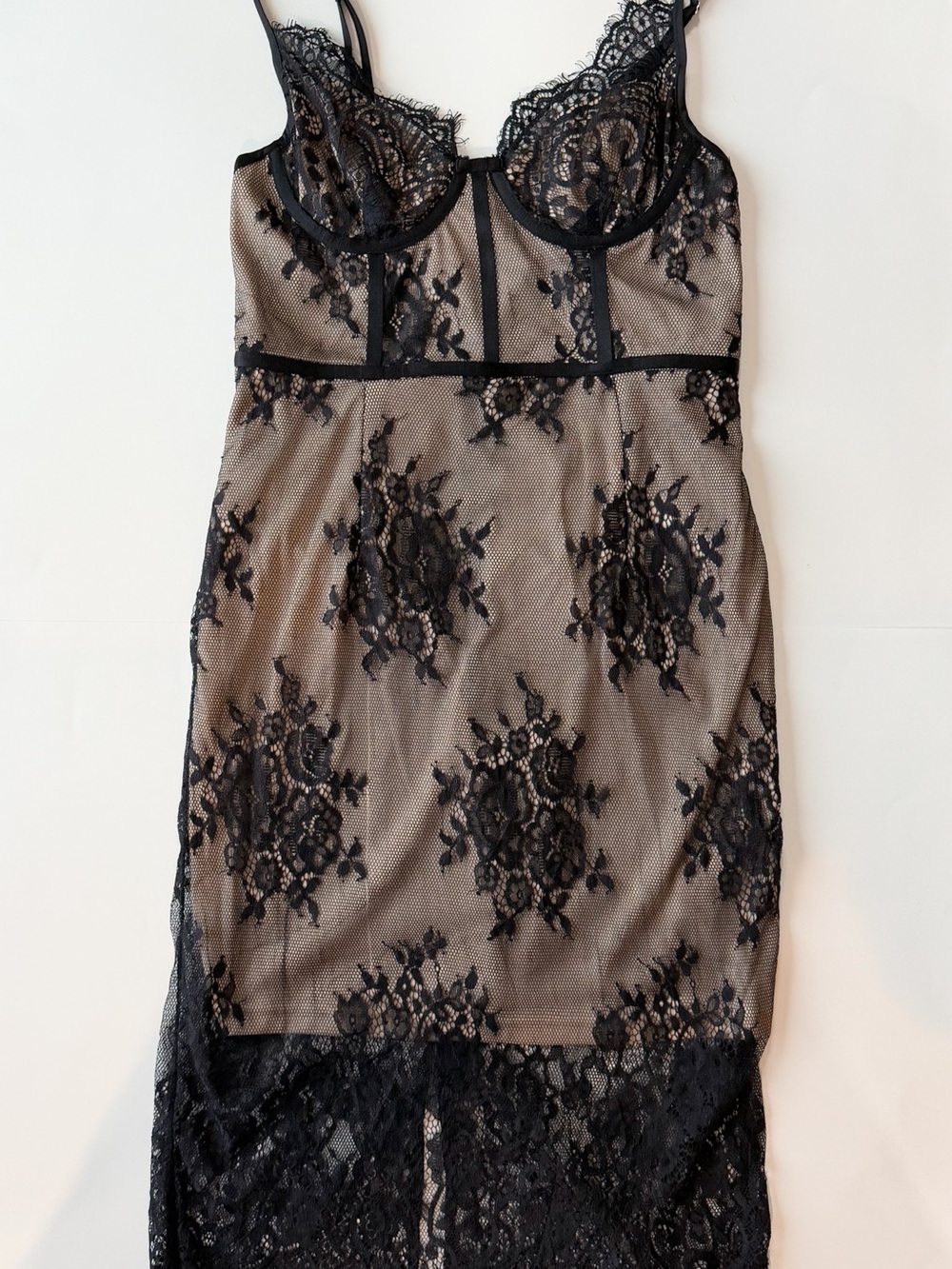 Lulu's Black Lace Overlay Midi Dress with Nude Underlay